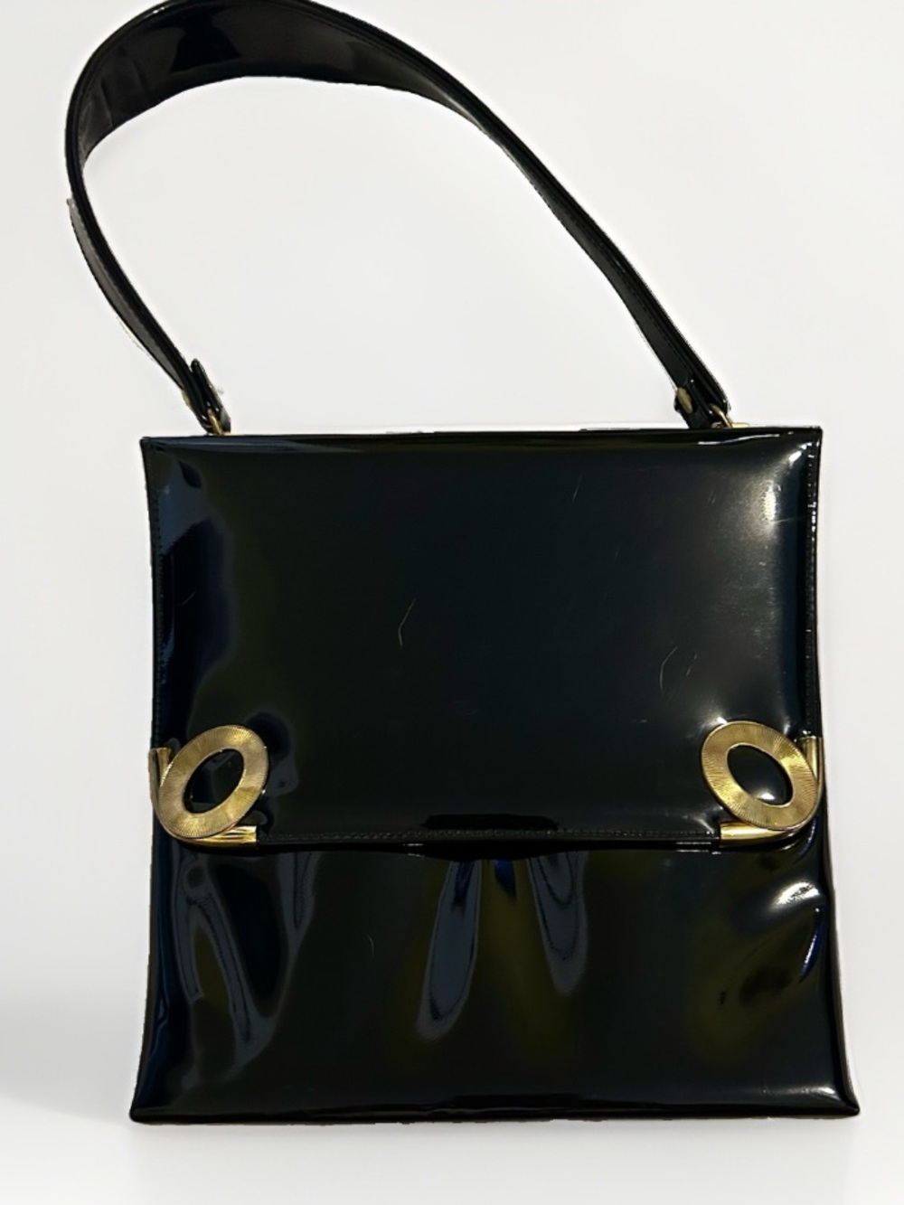 Vintage Bobbie Jerome black patent leather purse handbag 50s 60s gold hardware